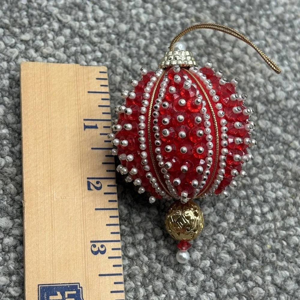 VTG Christmas Ornament Red Beaded Pins Lace MCM Shiny‎ Round Ball 3.5